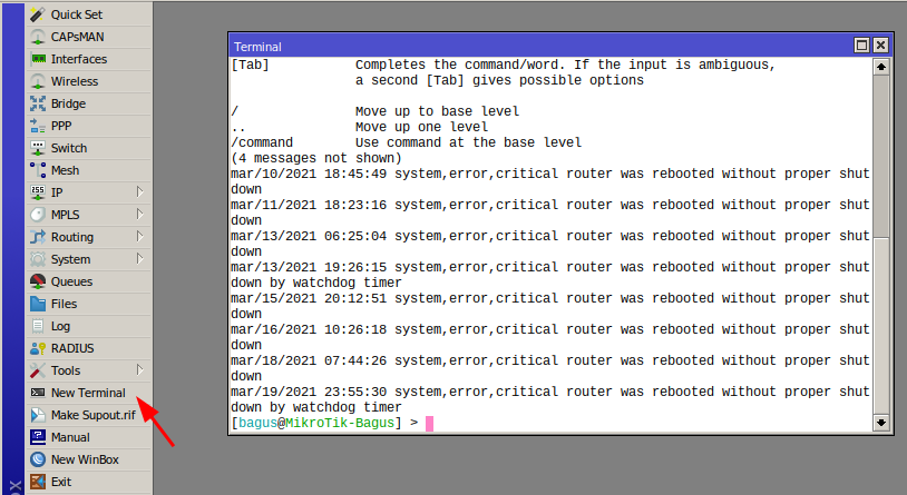 Script setting VPN Trafik full trafik dan FUP bypass Mikrotik - Buka Winbox lalu pilih New Terminal