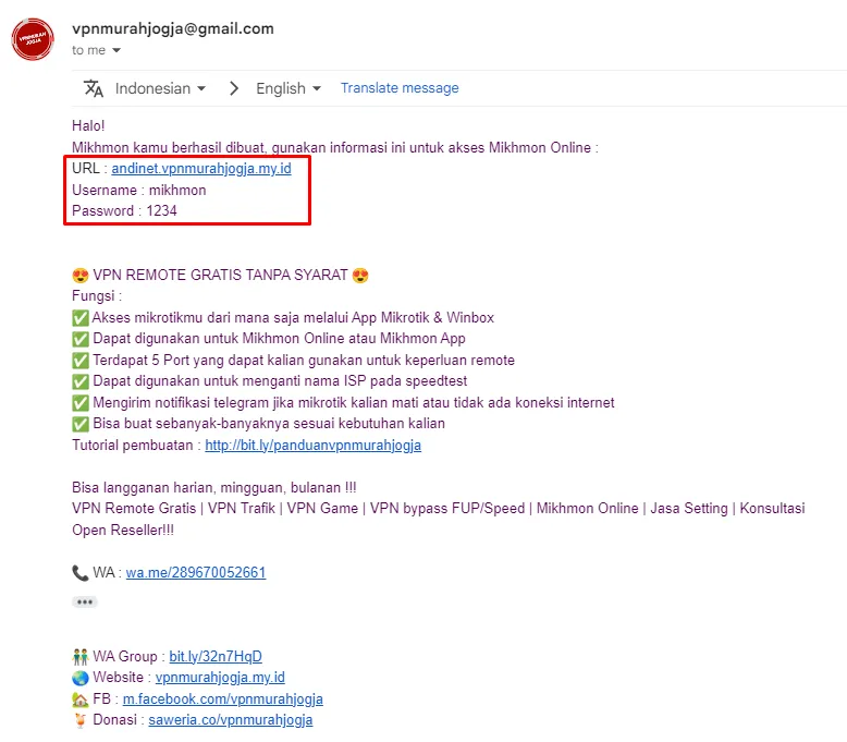 Email dari admin berisi URL, username mikhmon, dan password 1234