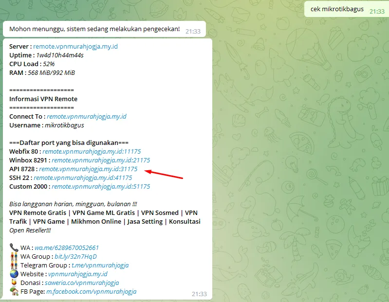 Respons Telegram Bot menampilkan port API 8728 untuk Mikrotik