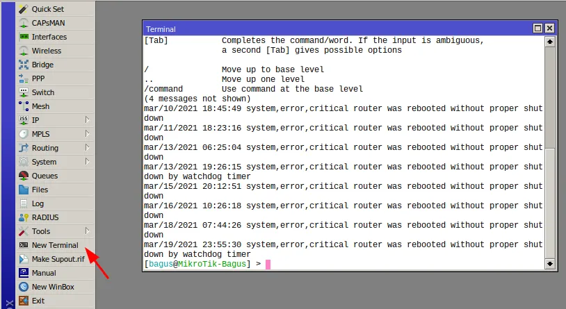 Tampilan Winbox New Terminal untuk setting VPN Game